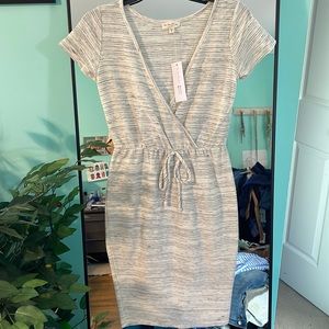 See You Monday Short Sleeve Wrap Dress Gray Striped Drawstring Waist Size S